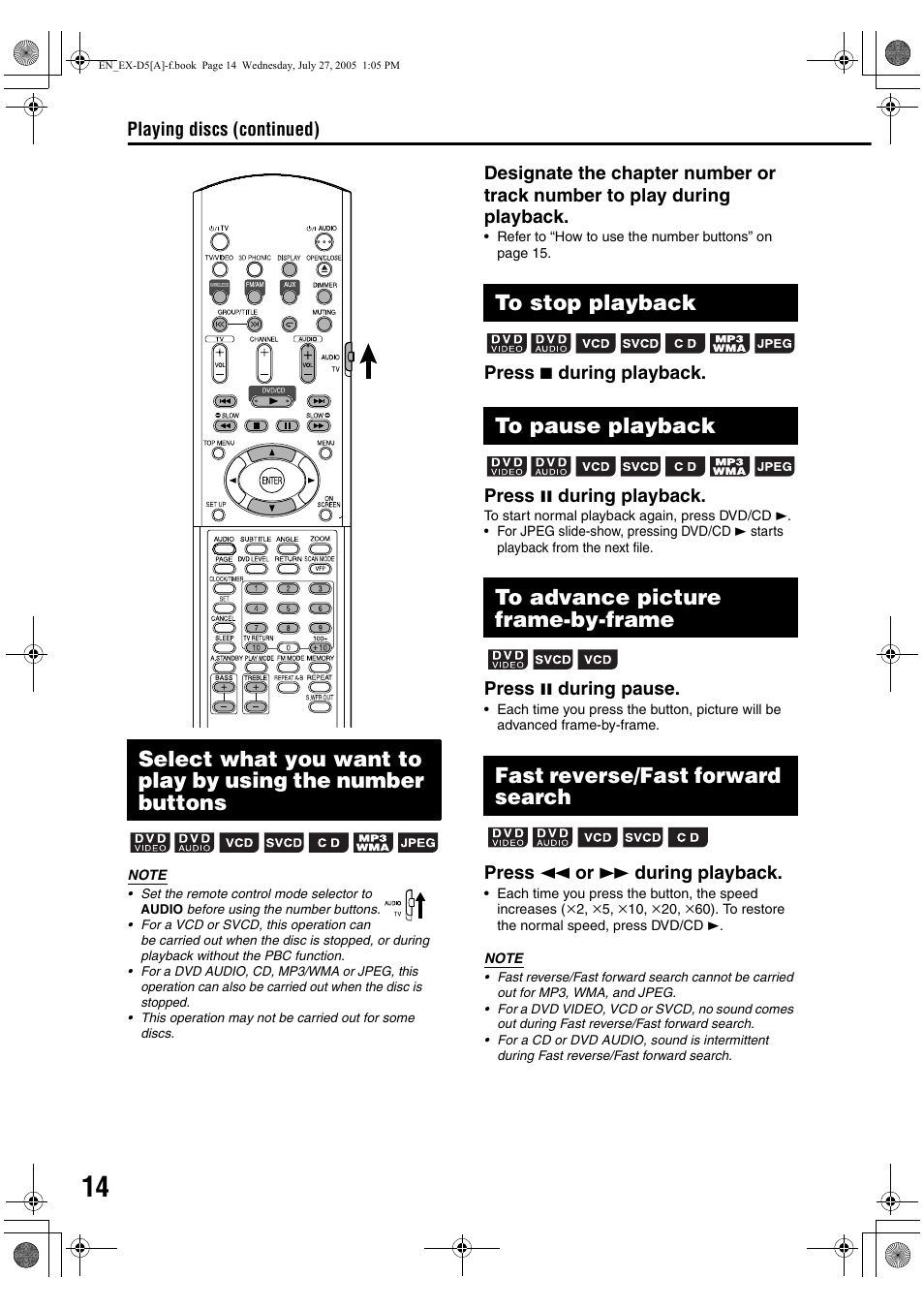 To stop playback, To pause playback, To advance picture frame-by-frame | Fast reverse/fast forward search | JVC CA-EXD5 User Manual | Page 16 / 92