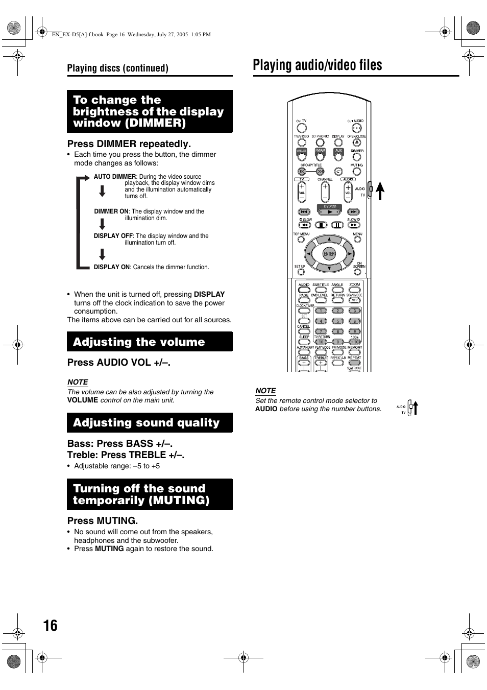 Adjusting the volume, Adjusting sound quality, Turning off the sound temporarily (muting) | Playing audio/video files | JVC CA-EXD5 User Manual | Page 18 / 92