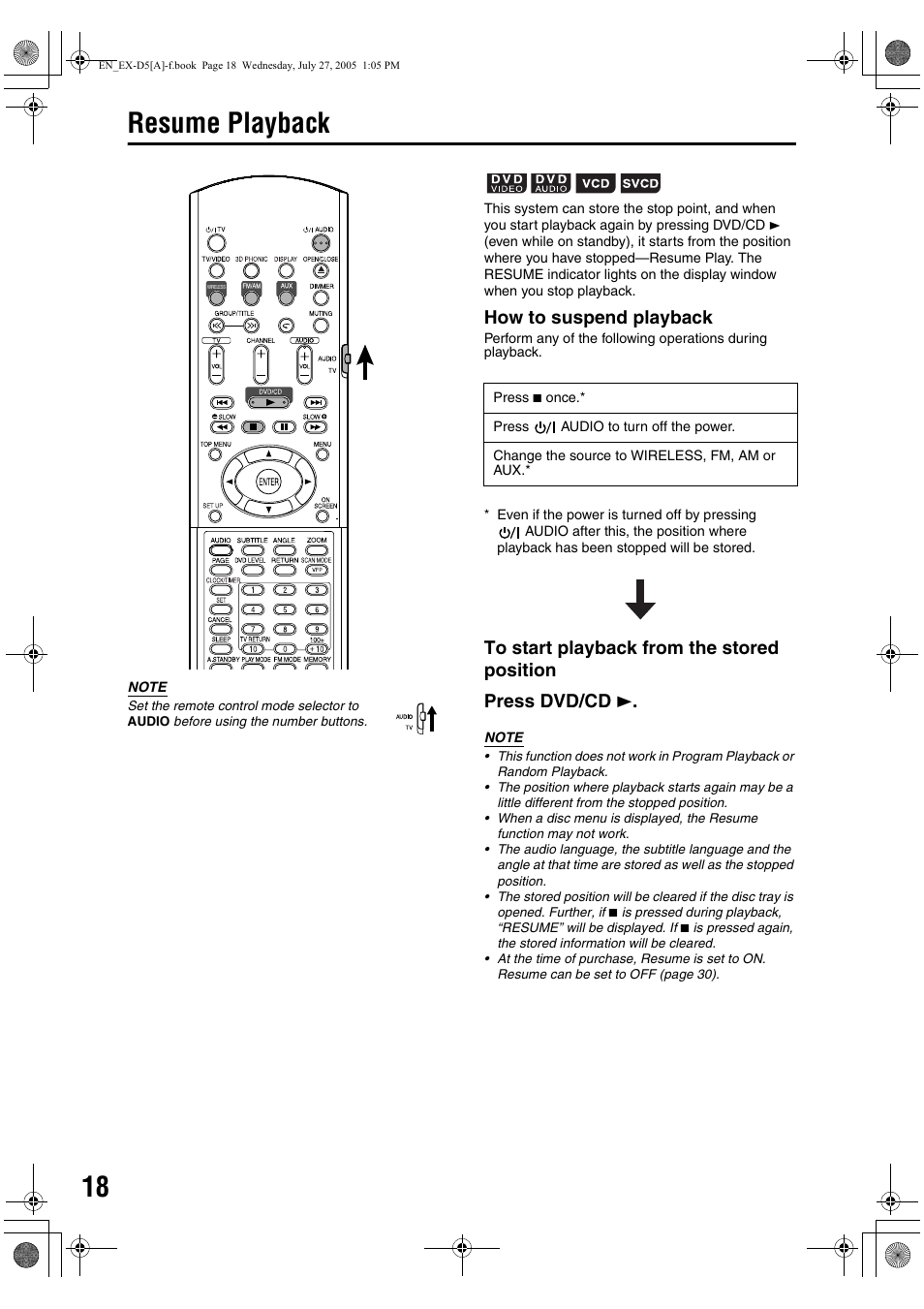 Resume playback, How to suspend playback | JVC CA-EXD5 User Manual | Page 20 / 92