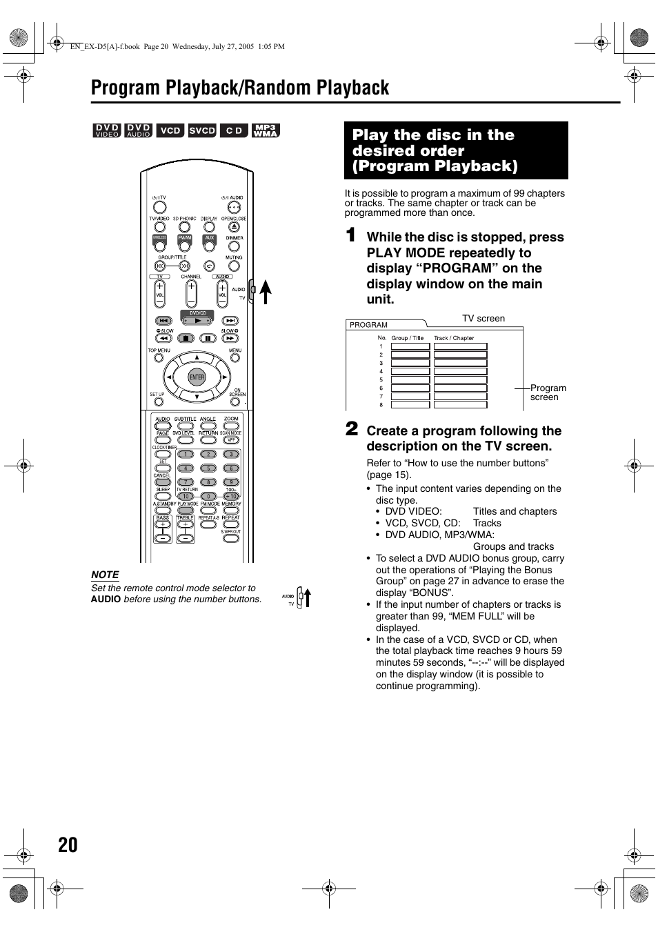 Program playback/random playback | JVC CA-EXD5 User Manual | Page 22 / 92