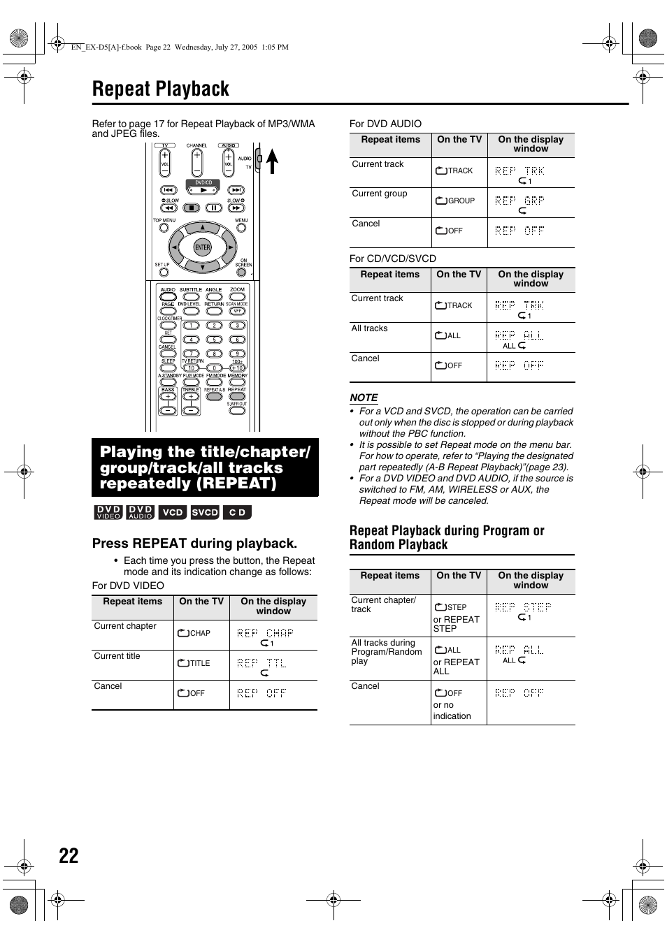 Repeat playback, Press repeat during playback, Repeat playback during program or random playback | JVC CA-EXD5 User Manual | Page 24 / 92