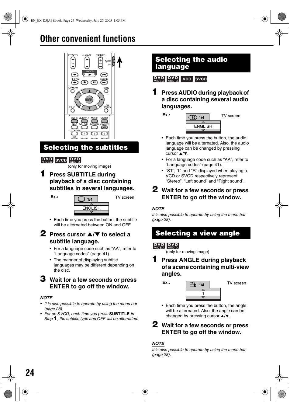 Other convenient functions, Selecting the subtitles, Selecting the audio language | Selecting a view angle | JVC CA-EXD5 User Manual | Page 26 / 92