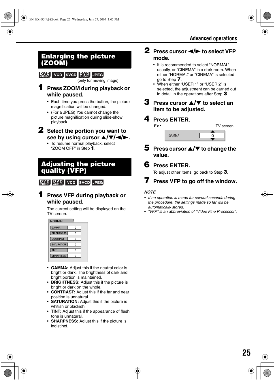 Enlarging the picture (zoom), Adjusting the picture quality (vfp) | JVC CA-EXD5 User Manual | Page 27 / 92