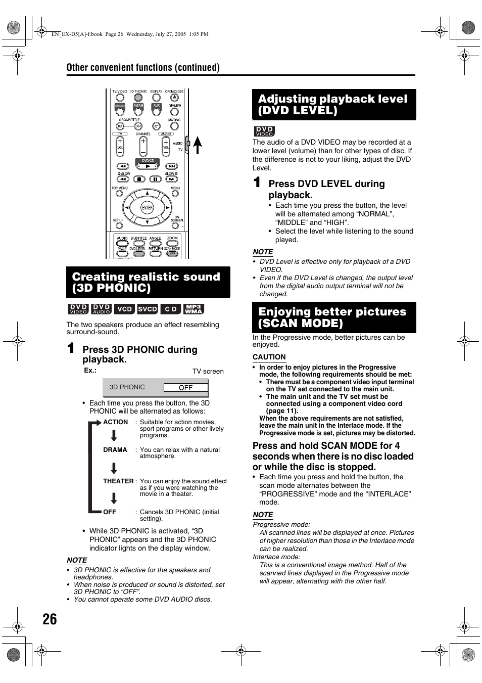 Creating realistic sound (3d phonic), Enjoying better pictures (scan mode), Other convenient functions (continued) | Press 3d phonic during playback, Press dvd level during playback | JVC CA-EXD5 User Manual | Page 28 / 92