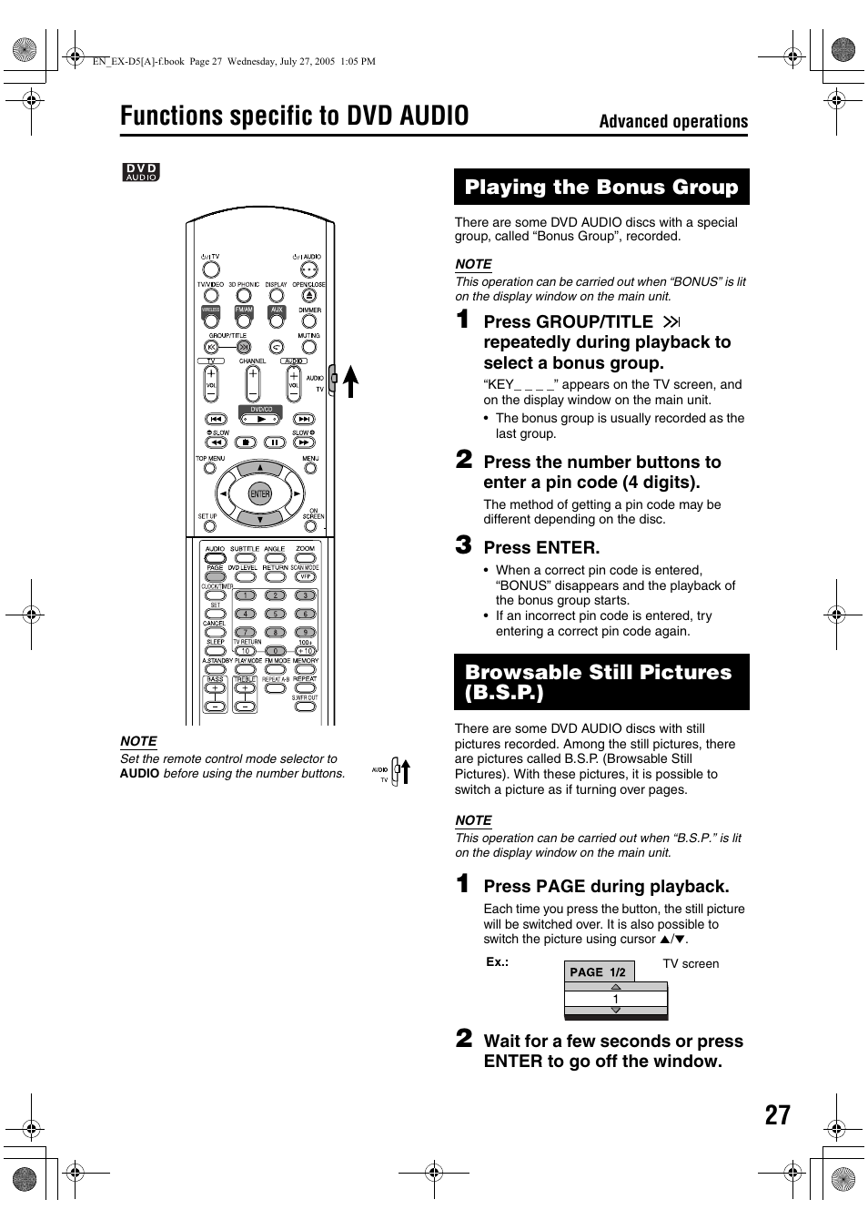 Functions specific to dvd audio, Playing the bonus group, Browsable still pictures (b.s.p.) | JVC CA-EXD5 User Manual | Page 29 / 92