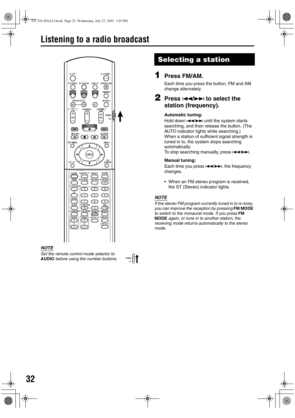 Listening to a radio broadcast, Selecting a station | JVC CA-EXD5 User Manual | Page 34 / 92