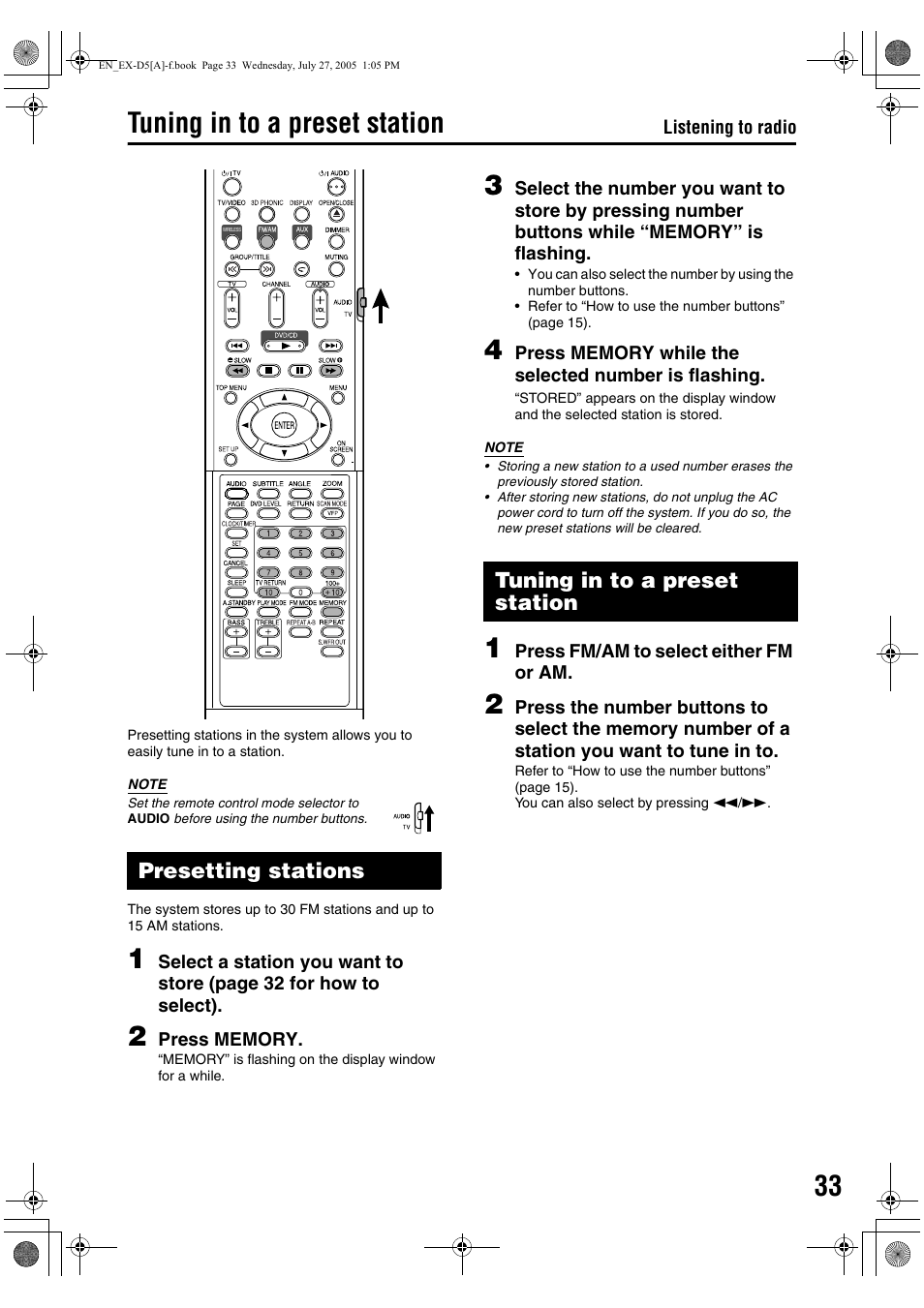 Tuning in to a preset station, Presetting stations | JVC CA-EXD5 User Manual | Page 35 / 92