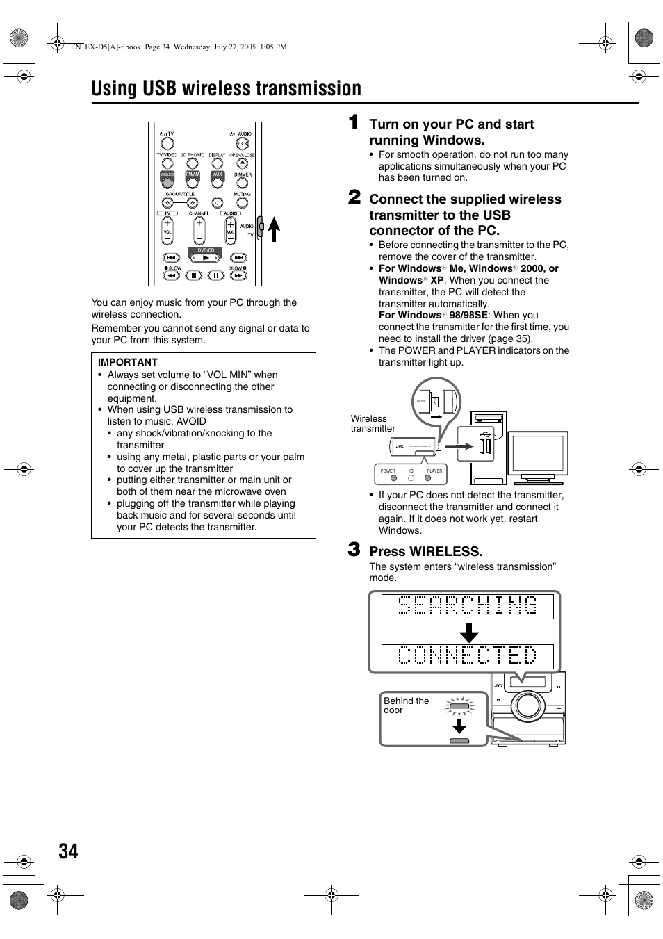 Using usb wireless transmission, Turn on your pc and start running windows, Press wireless | JVC CA-EXD5 User Manual | Page 36 / 92