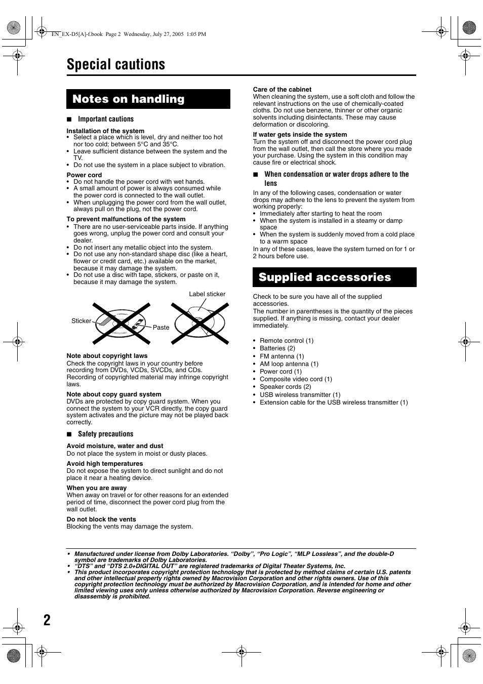 Special cautions, Notes on handling, Supplied accessories | JVC CA-EXD5 User Manual | Page 4 / 92