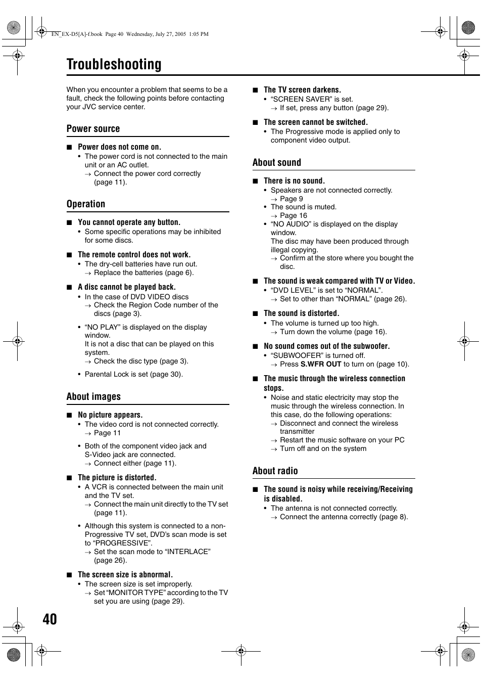 Troubleshooting, Power source, Operation | About images, About sound, About radio | JVC CA-EXD5 User Manual | Page 42 / 92