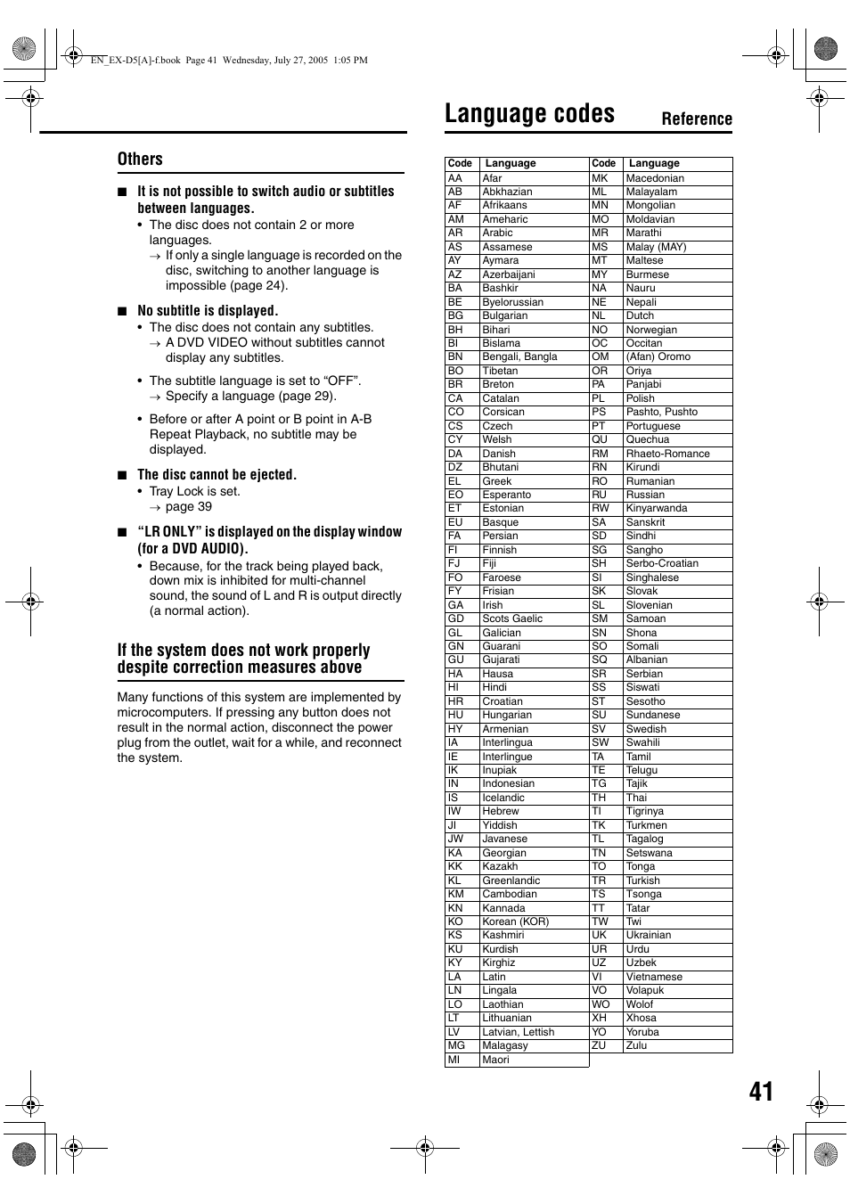 Language codes, Others, Reference | JVC CA-EXD5 User Manual | Page 43 / 92