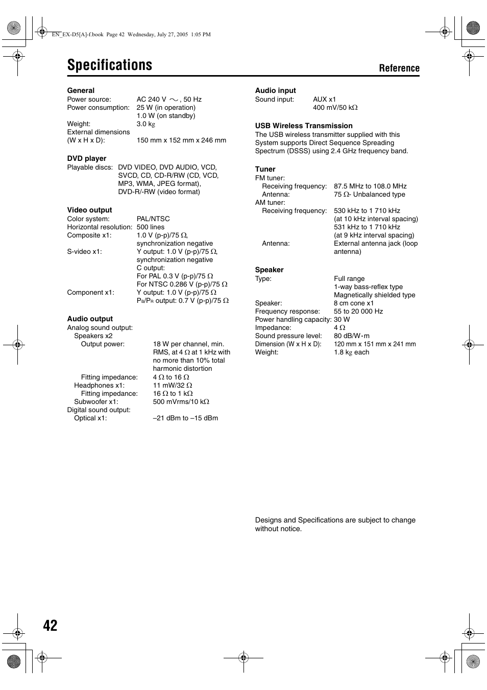 Specifications, Reference | JVC CA-EXD5 User Manual | Page 44 / 92