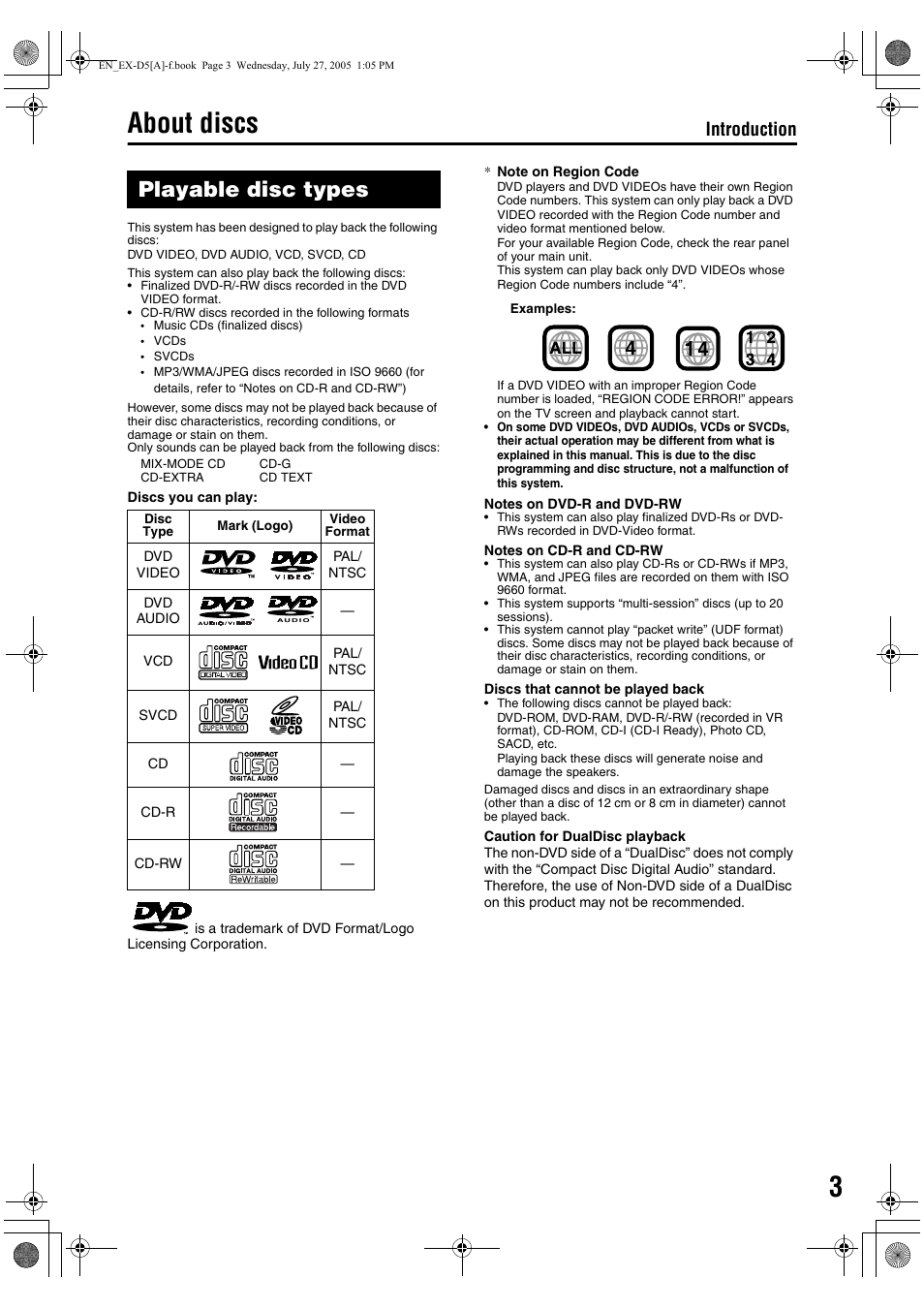 About discs, Playable disc types, Introduction | JVC CA-EXD5 User Manual | Page 5 / 92