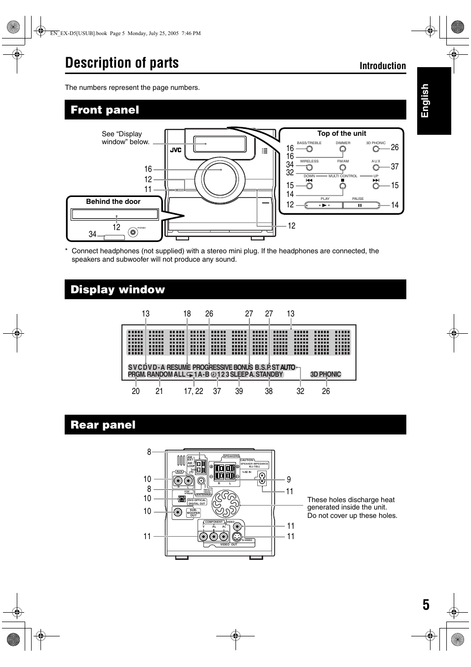 Description of parts, Front panel, Display window | Rear panel, Introduction english | JVC CA-EXD5 User Manual | Page 54 / 92