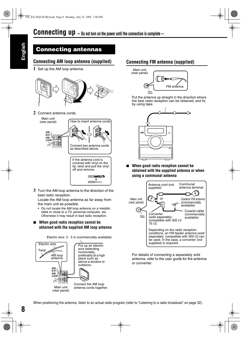 Connecting up, Connecting antennas, Connection english | Connecting am loop antenna (supplied) 1, Connecting fm antenna (supplied) | JVC CA-EXD5 User Manual | Page 57 / 92