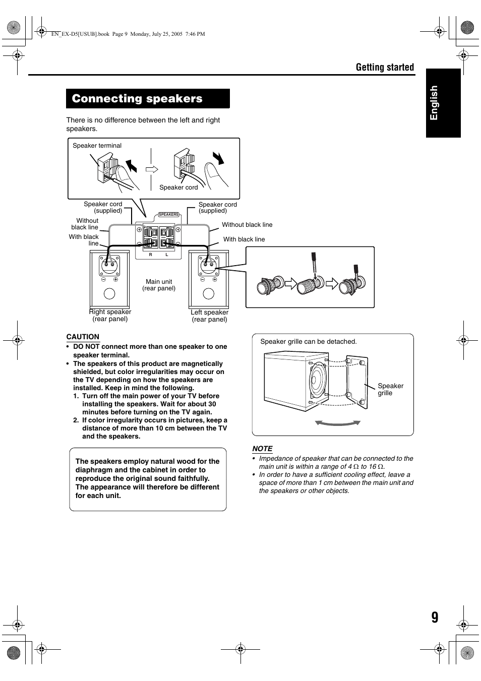 Connecting speakers, Connecting up connection english, Getting started | JVC CA-EXD5 User Manual | Page 58 / 92