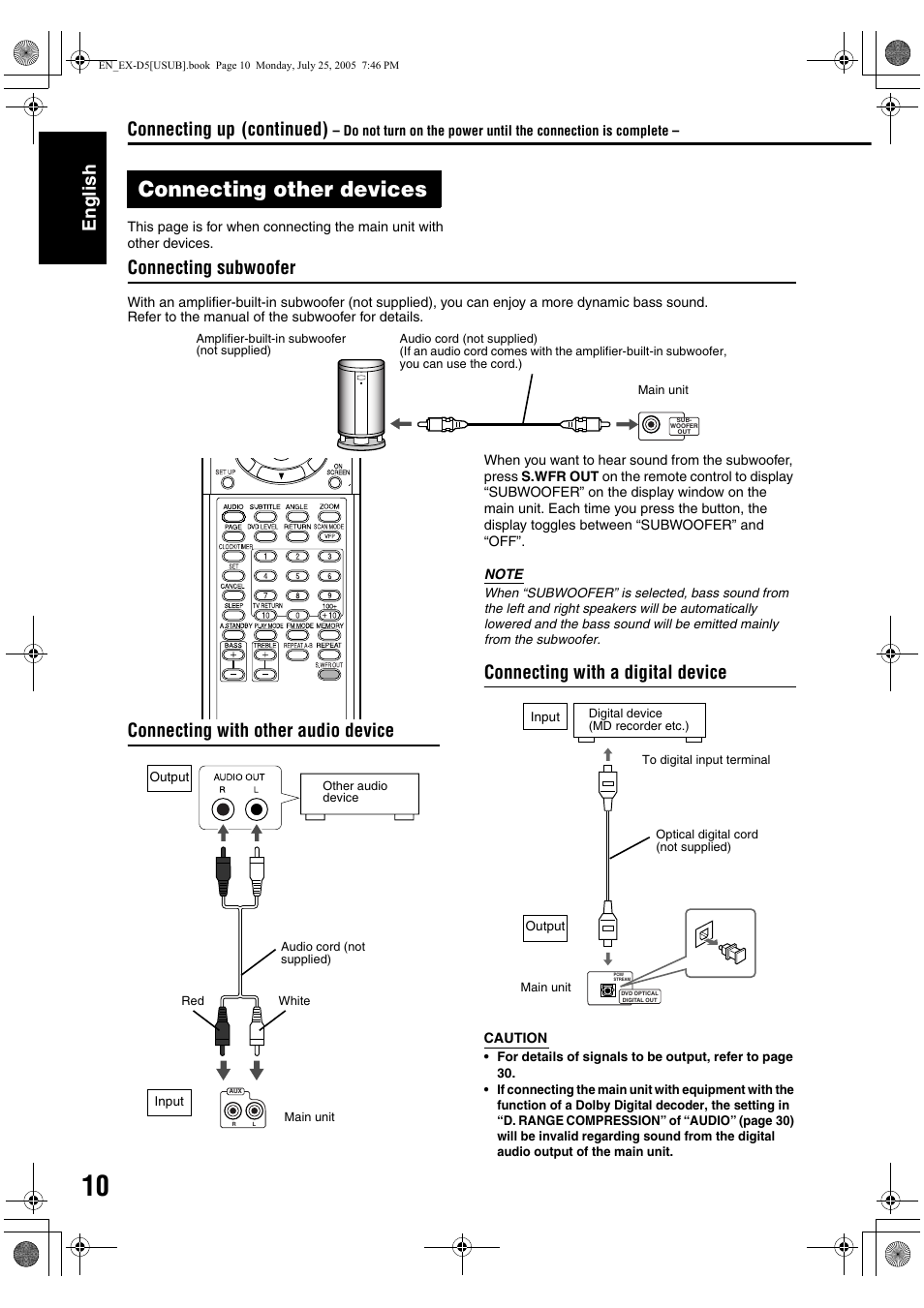 Connecting other devices, Connecting up connection english, Connecting with a digital device | Continued) | JVC CA-EXD5 User Manual | Page 59 / 92