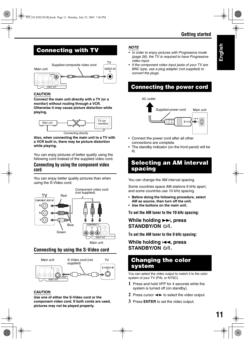 Connecting with tv, Connecting up connection english, Connecting by using the component video cord | Connecting by using the s-video cord, While holding ¢ , press standby/on, While holding 4 , press standby/on, Getting started | JVC CA-EXD5 User Manual | Page 60 / 92