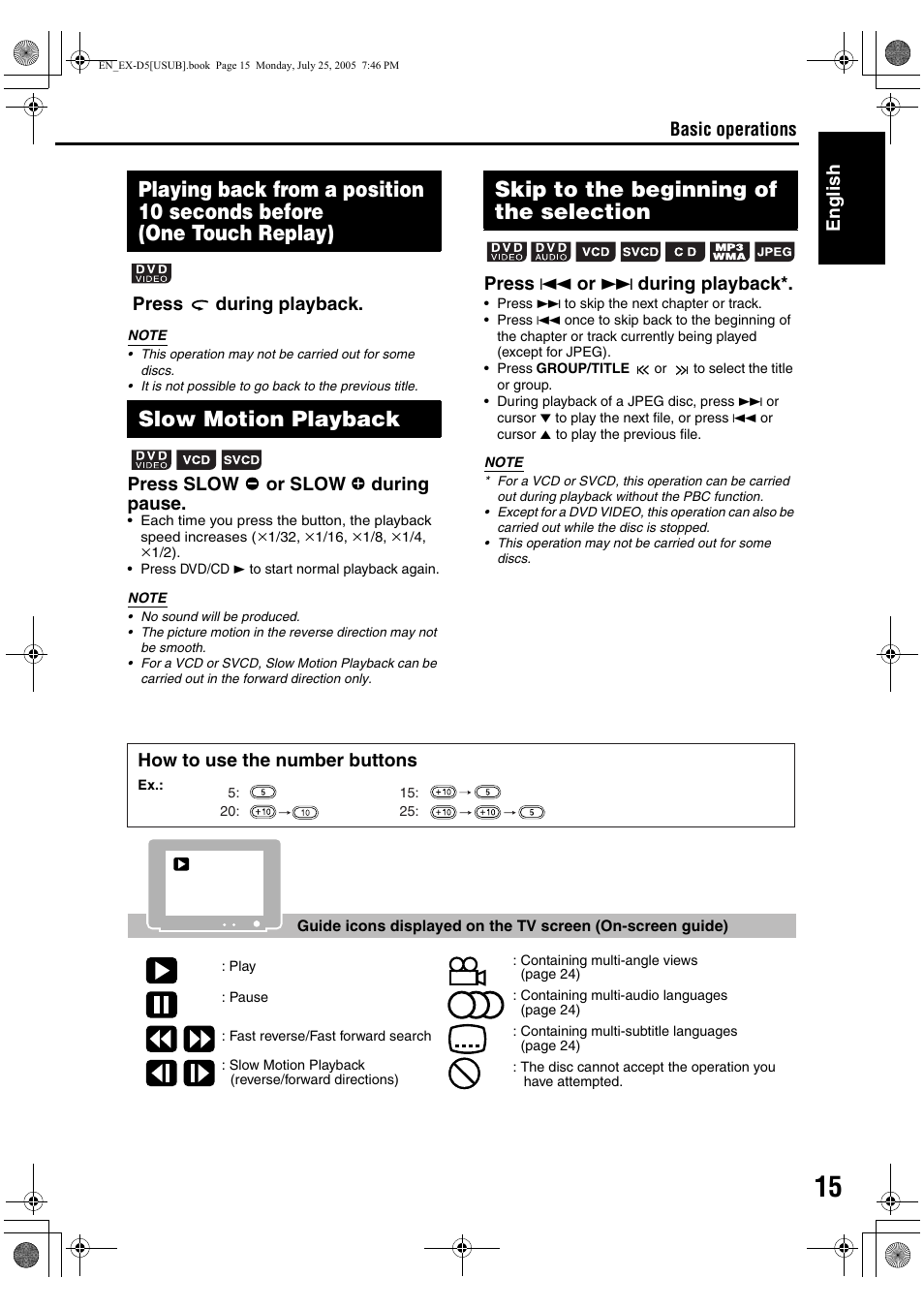 Basic operations english press during playback, Press slow or slow during pause, Press 4 or ¢ during playback | How to use the number buttons | JVC CA-EXD5 User Manual | Page 64 / 92