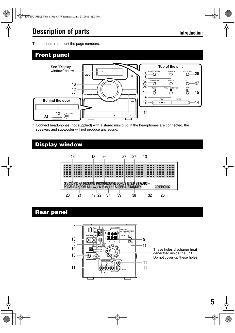 Description of parts, Front panel, Display window | Rear panel, Introduction | JVC CA-EXD5 User Manual | Page 7 / 92