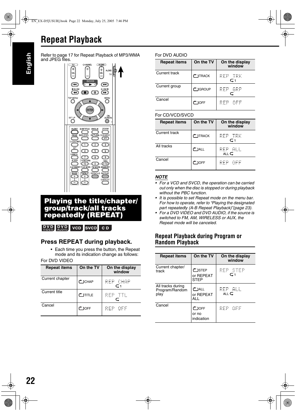 Repeat playback, English, Press repeat during playback | Repeat playback during program or random playback | JVC CA-EXD5 User Manual | Page 71 / 92