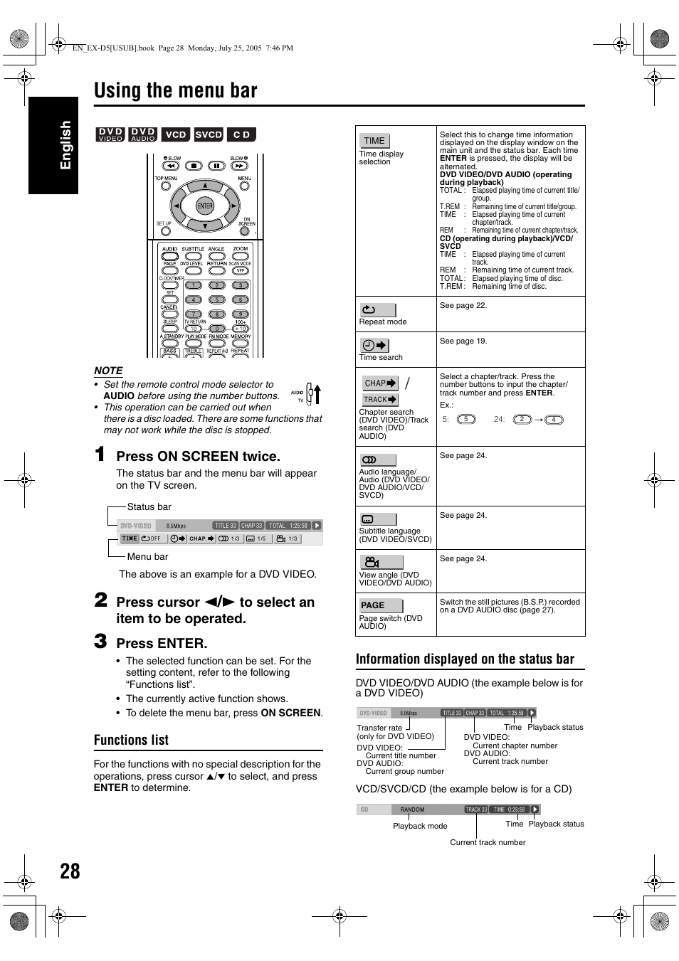 Using the menu bar, English, Press on screen twice | Press cursor, Press enter, Functions list, Information displayed on the status bar | JVC CA-EXD5 User Manual | Page 77 / 92