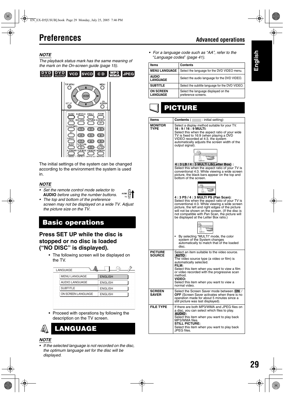Preferences, Basic operations language, Picture | Advanced operations english | JVC CA-EXD5 User Manual | Page 78 / 92