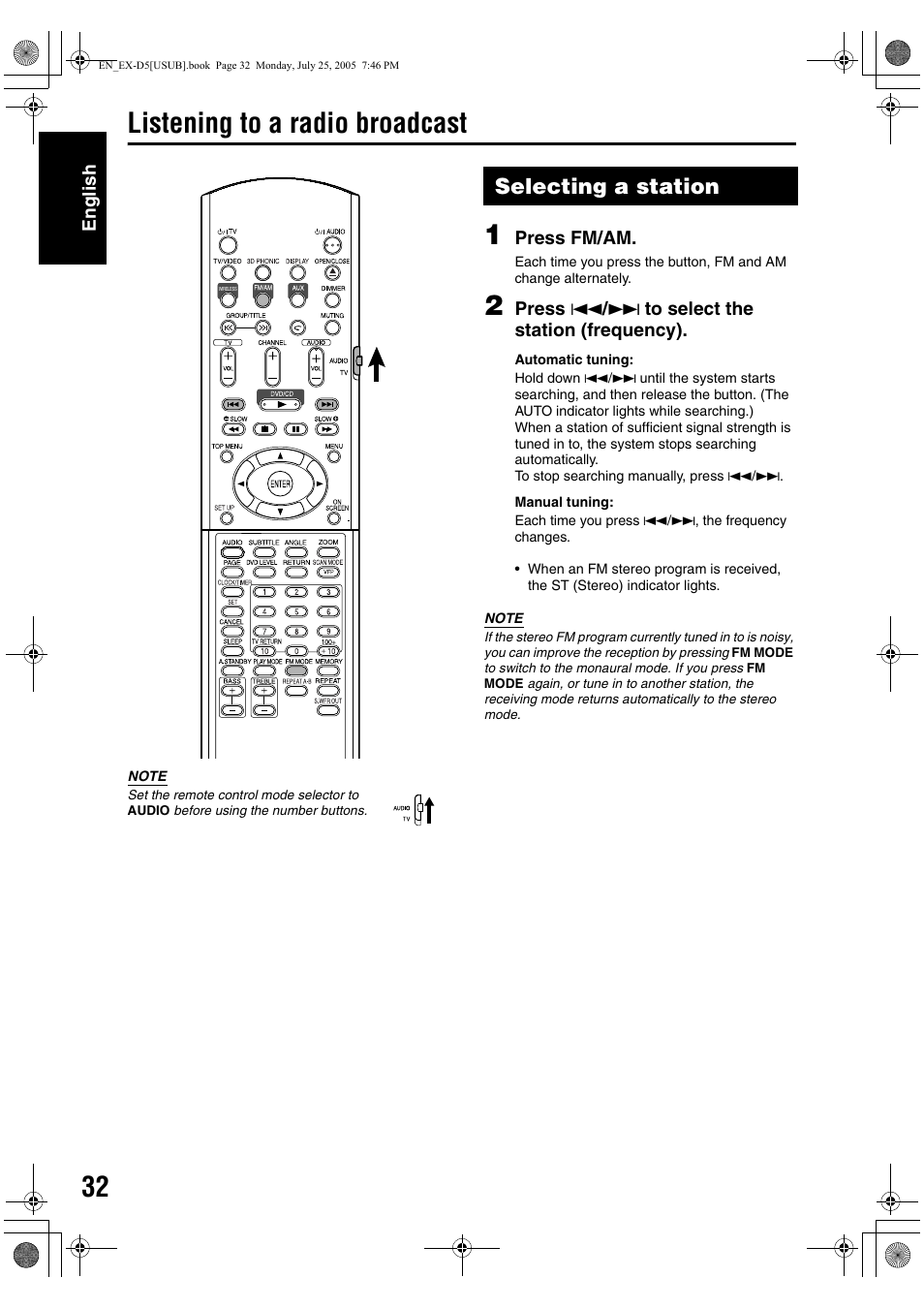 Listening to a radio broadcast, Selecting a station | JVC CA-EXD5 User Manual | Page 81 / 92