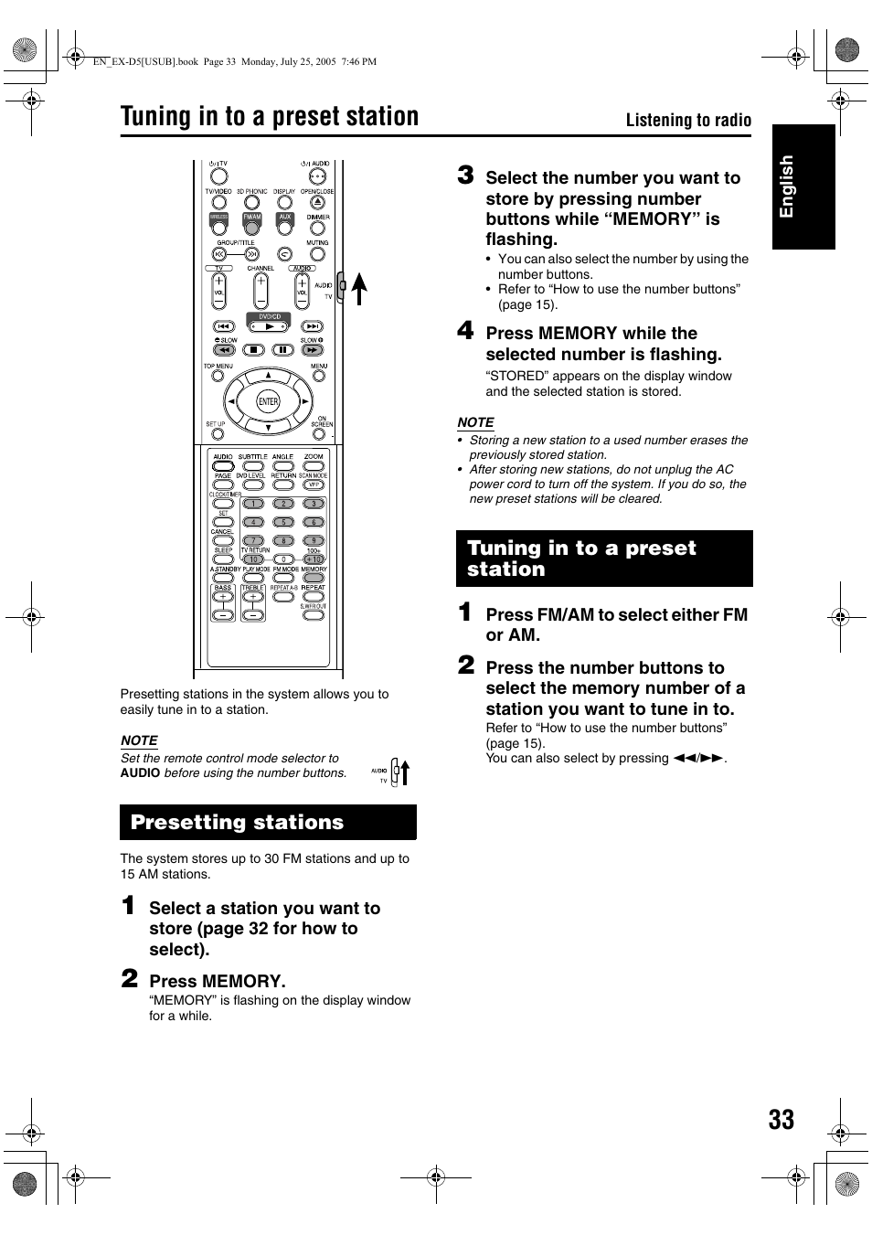 Listening to radio, Tuning in to a preset station, Presetting stations | JVC CA-EXD5 User Manual | Page 82 / 92