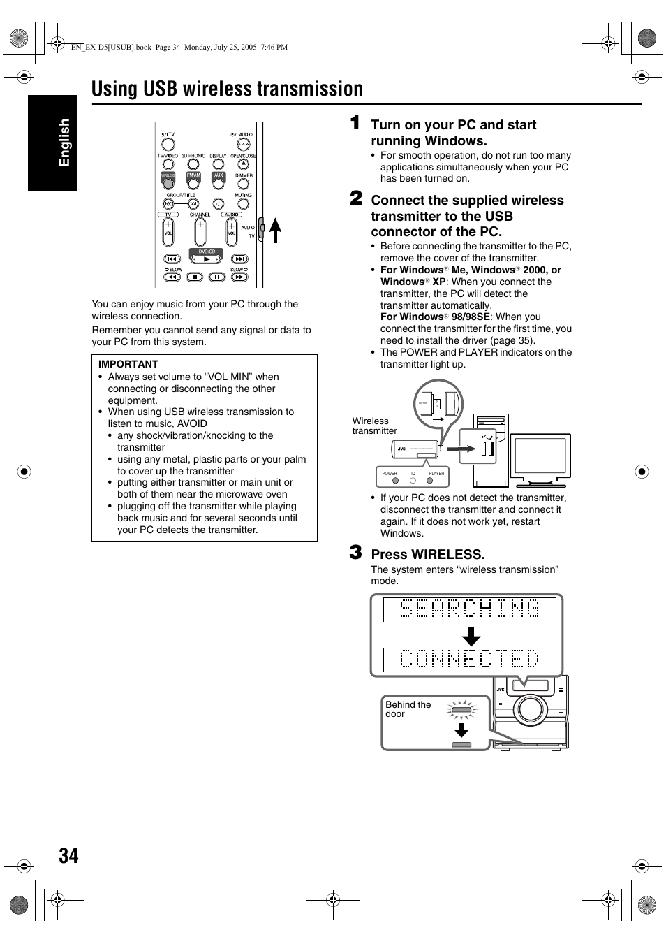 Using usb wireless transmission, English, Turn on your pc and start running windows | Press wireless | JVC CA-EXD5 User Manual | Page 83 / 92