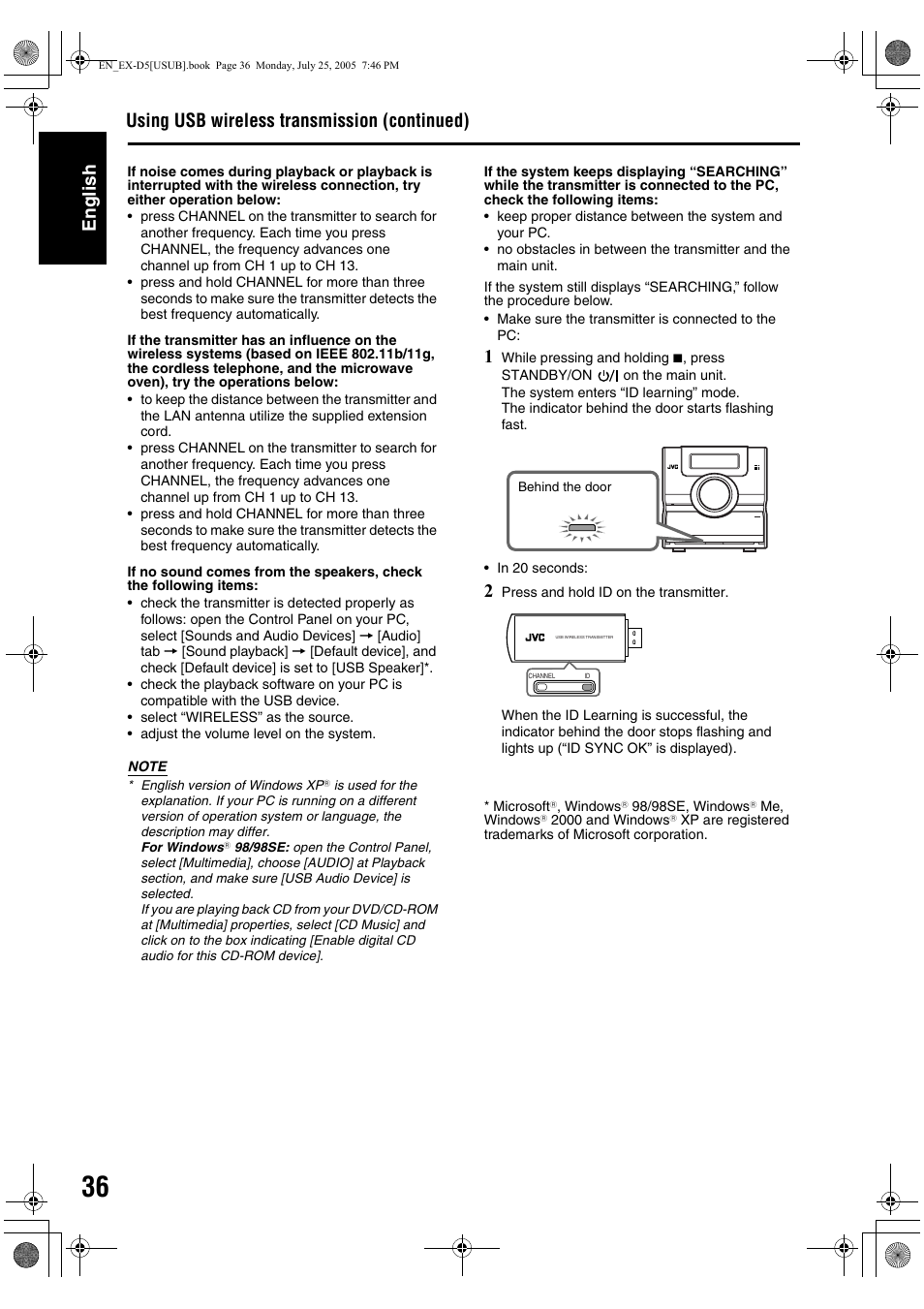 English, Using usb wireless transmission (continued) | JVC CA-EXD5 User Manual | Page 85 / 92