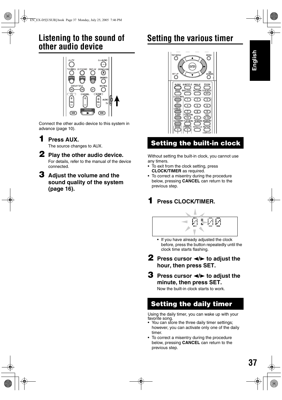 Listening to the sound of other audio device, Setting the various timer | JVC CA-EXD5 User Manual | Page 86 / 92