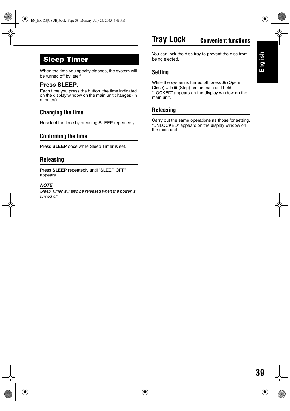 Tray lock, Sleep timer | JVC CA-EXD5 User Manual | Page 88 / 92