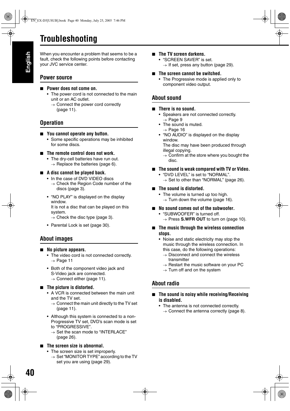 Troubleshooting, English, Power source | Operation, About images, About sound, About radio | JVC CA-EXD5 User Manual | Page 89 / 92