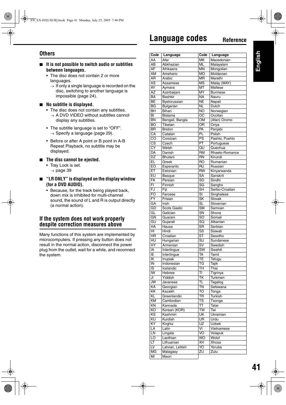 Reference, Language codes, English others | JVC CA-EXD5 User Manual | Page 90 / 92