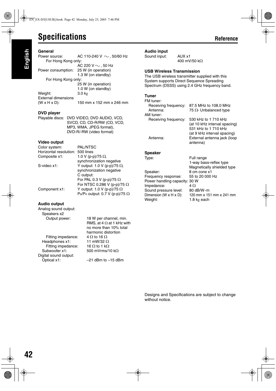 Specifications, English, Reference | JVC CA-EXD5 User Manual | Page 91 / 92