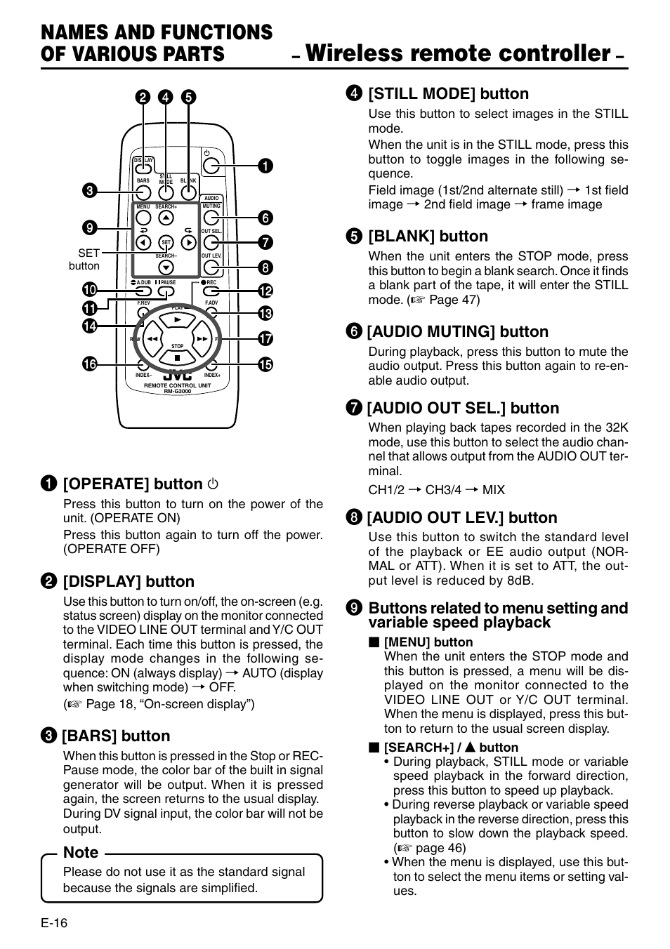 Wireless remote controller, Names and functions of various parts, Operate] button f | Display] button, Bars] button, Still mode] button, Blank] button, Audio muting] button, Audio out sel.] button, Audio out lev.] button | JVC BR-DV3000 User Manual | Page 16 / 72