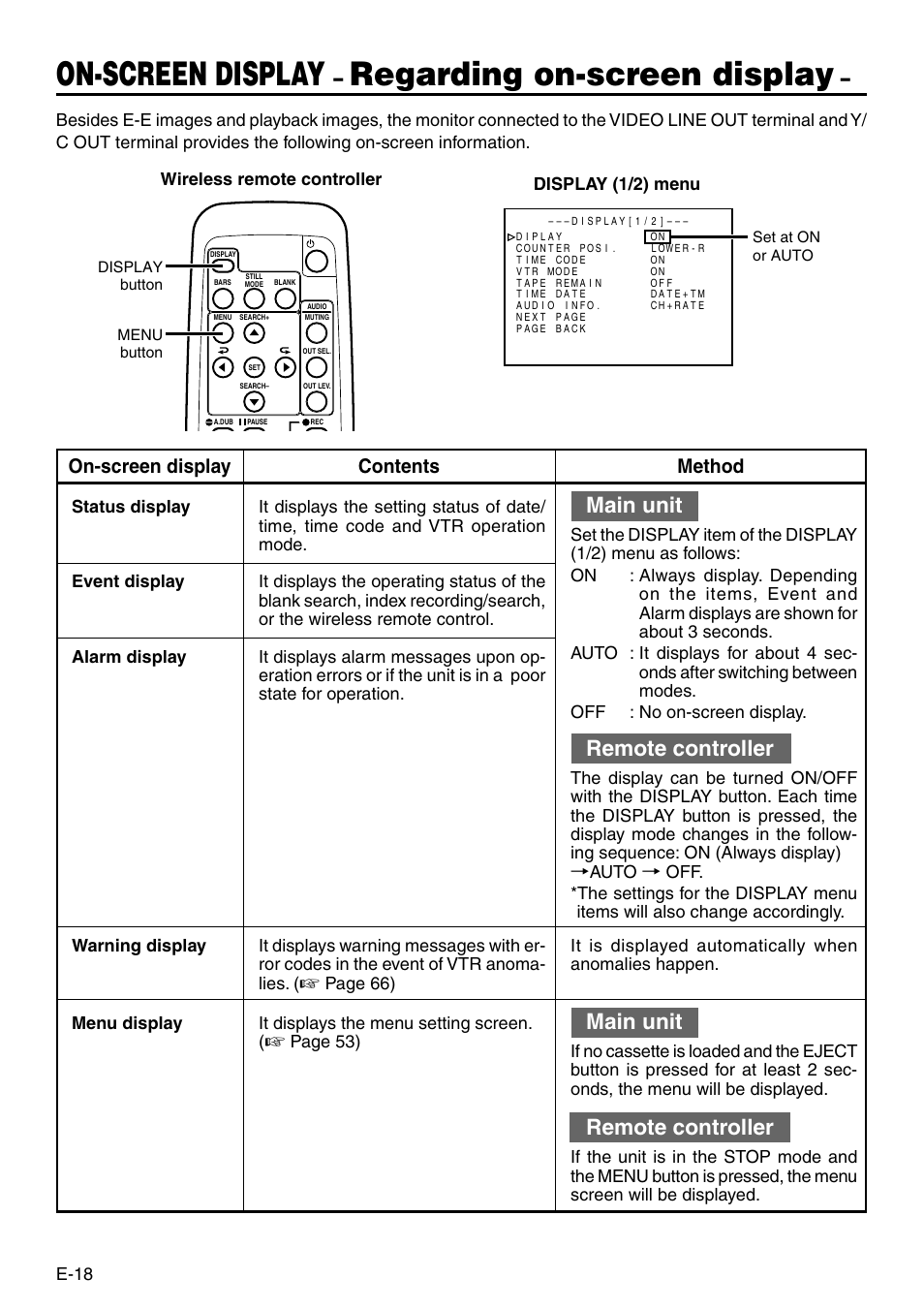 On-screen display, Regarding on-screen display, Main unit | Remote controller, On-screen display contents method | JVC BR-DV3000 User Manual | Page 18 / 72