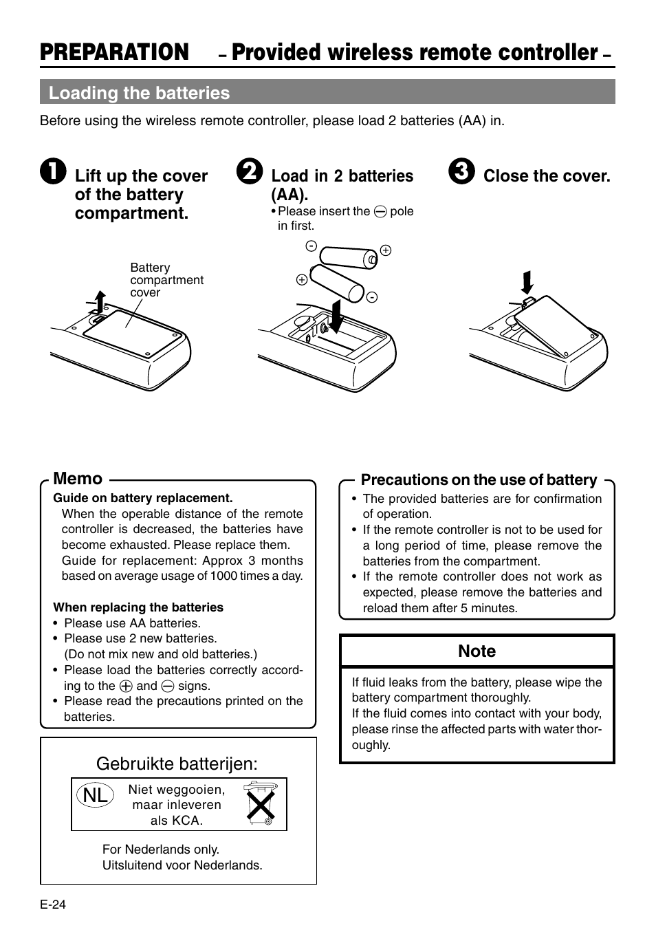 Preparation, Provided wireless remote controller, Loading the batteries | Gebruikte batterijen | JVC BR-DV3000 User Manual | Page 24 / 72