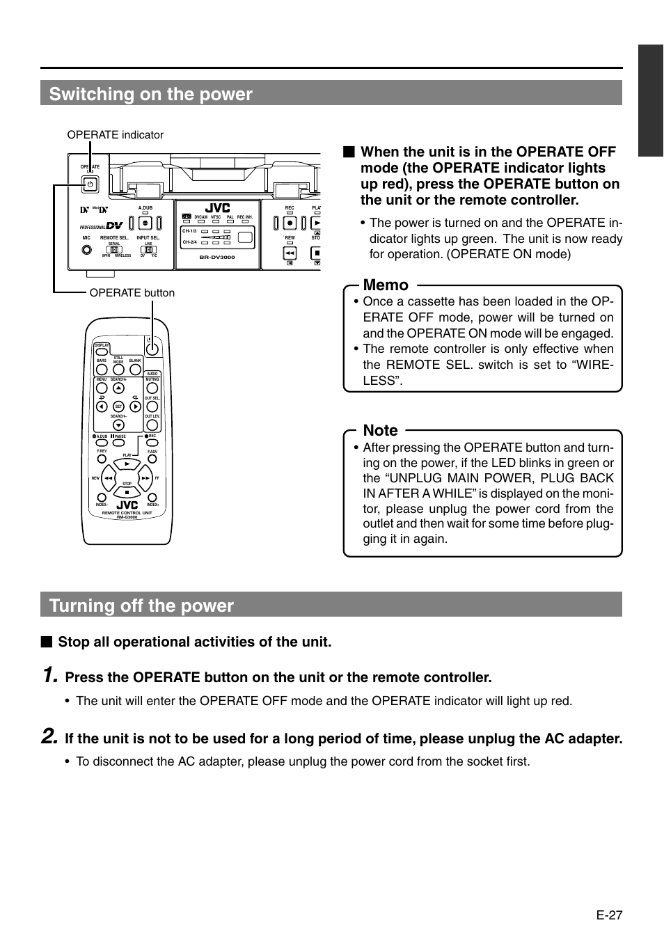 Switching on the power, Turning off the power, Stop all operational activities of the unit | E-27, Operate indicator operate button | JVC BR-DV3000 User Manual | Page 27 / 72