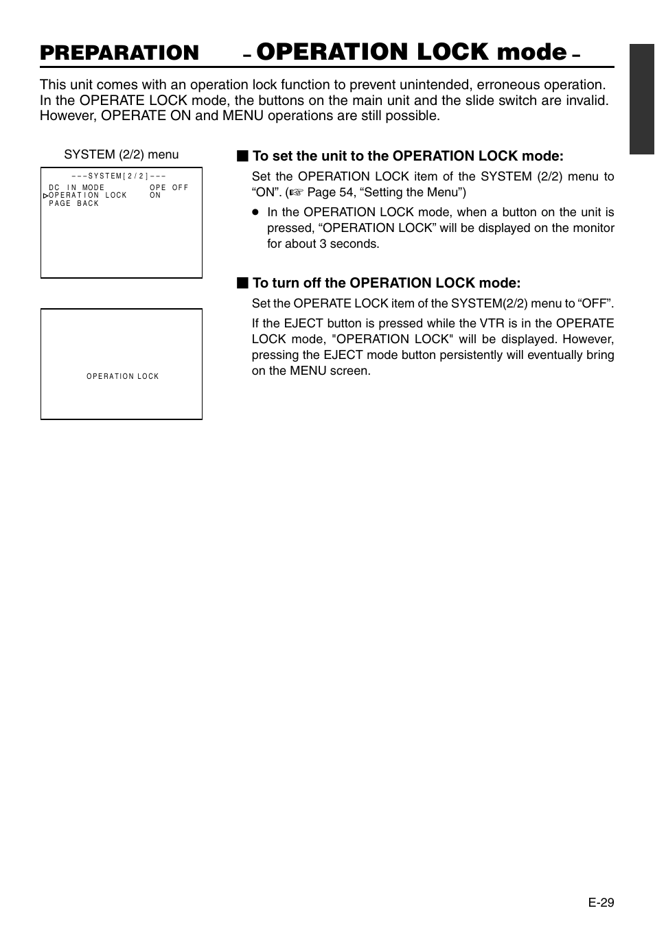 Operation lock mode, Preparation | JVC BR-DV3000 User Manual | Page 29 / 72