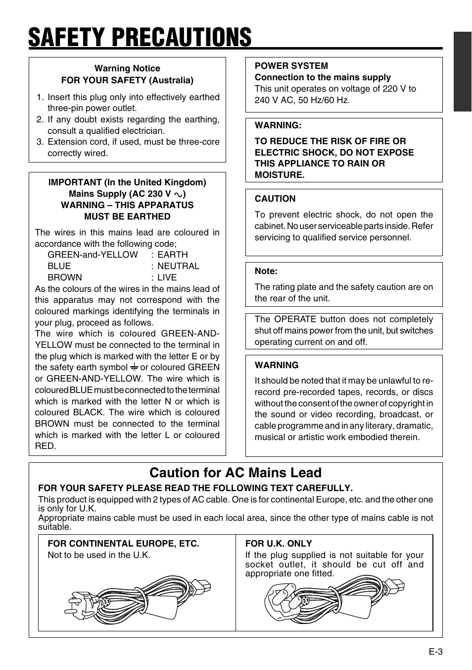 Safety precautions, Caution for ac mains lead | JVC BR-DV3000 User Manual | Page 3 / 72