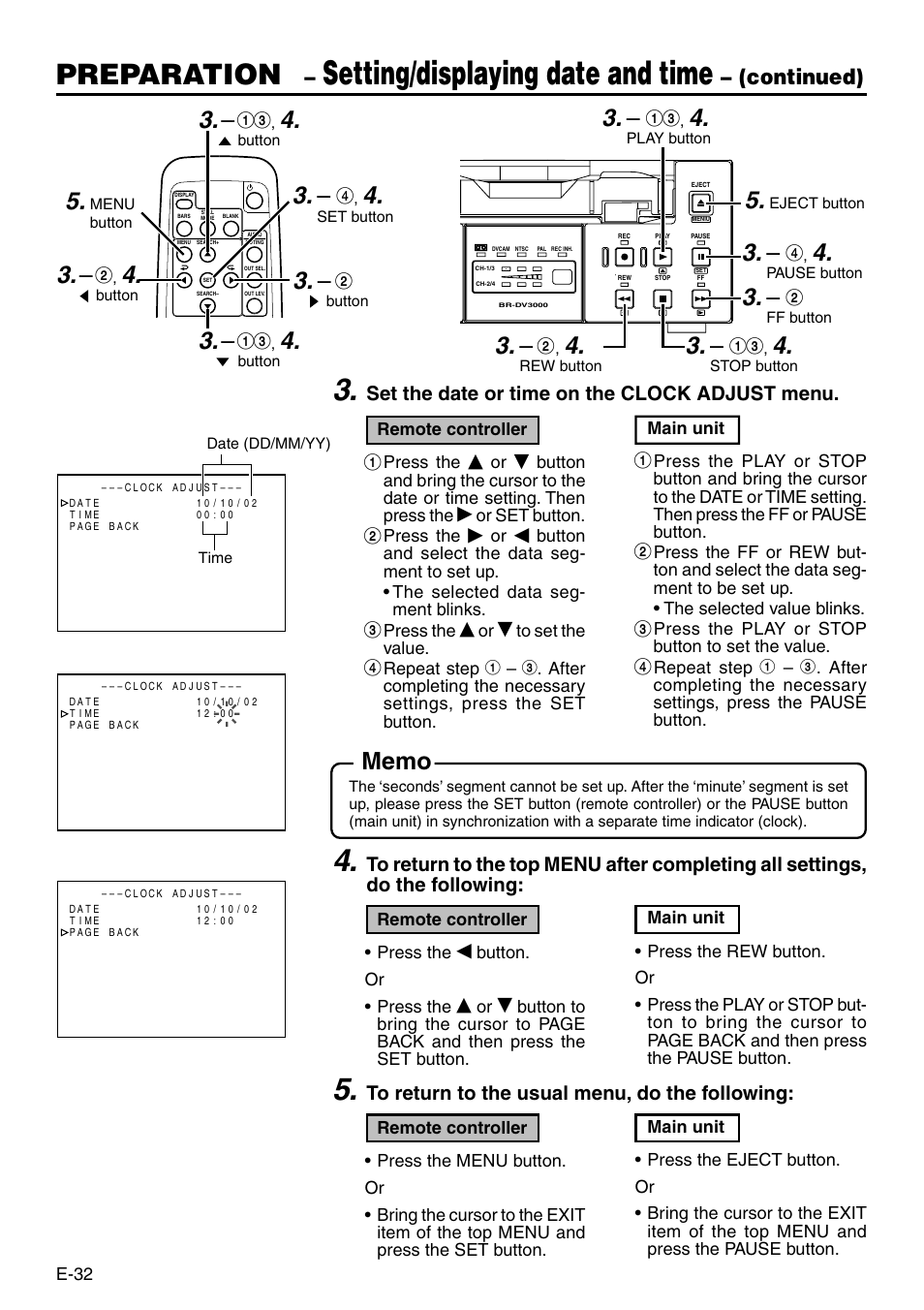 Setting/displaying date and time, Preparation, Continued) | JVC BR-DV3000 User Manual | Page 32 / 72