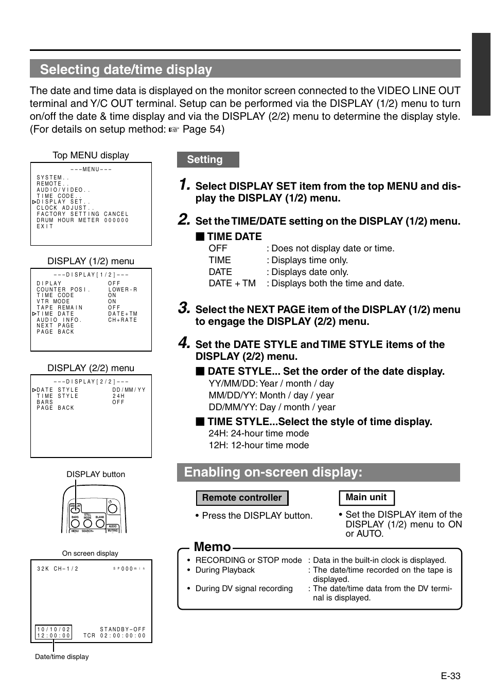 Selecting date/time display, Enabling on-screen display, Page 54) | Setting, Time style...select the style of time display, E-33 | JVC BR-DV3000 User Manual | Page 33 / 72