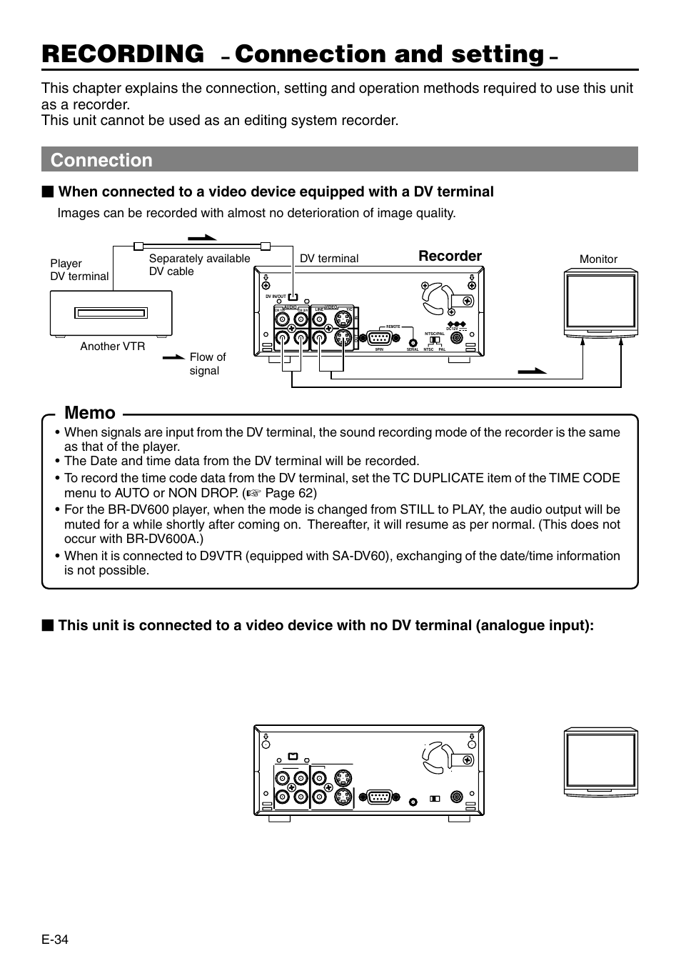 Recording, Connection and setting, Connection | Recorder | JVC BR-DV3000 User Manual | Page 34 / 72
