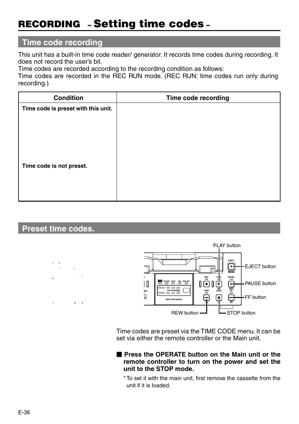 Setting time codes, Recording, Time code recording | Preset time codes, Condition time code recording, E-36 | JVC BR-DV3000 User Manual | Page 36 / 72
