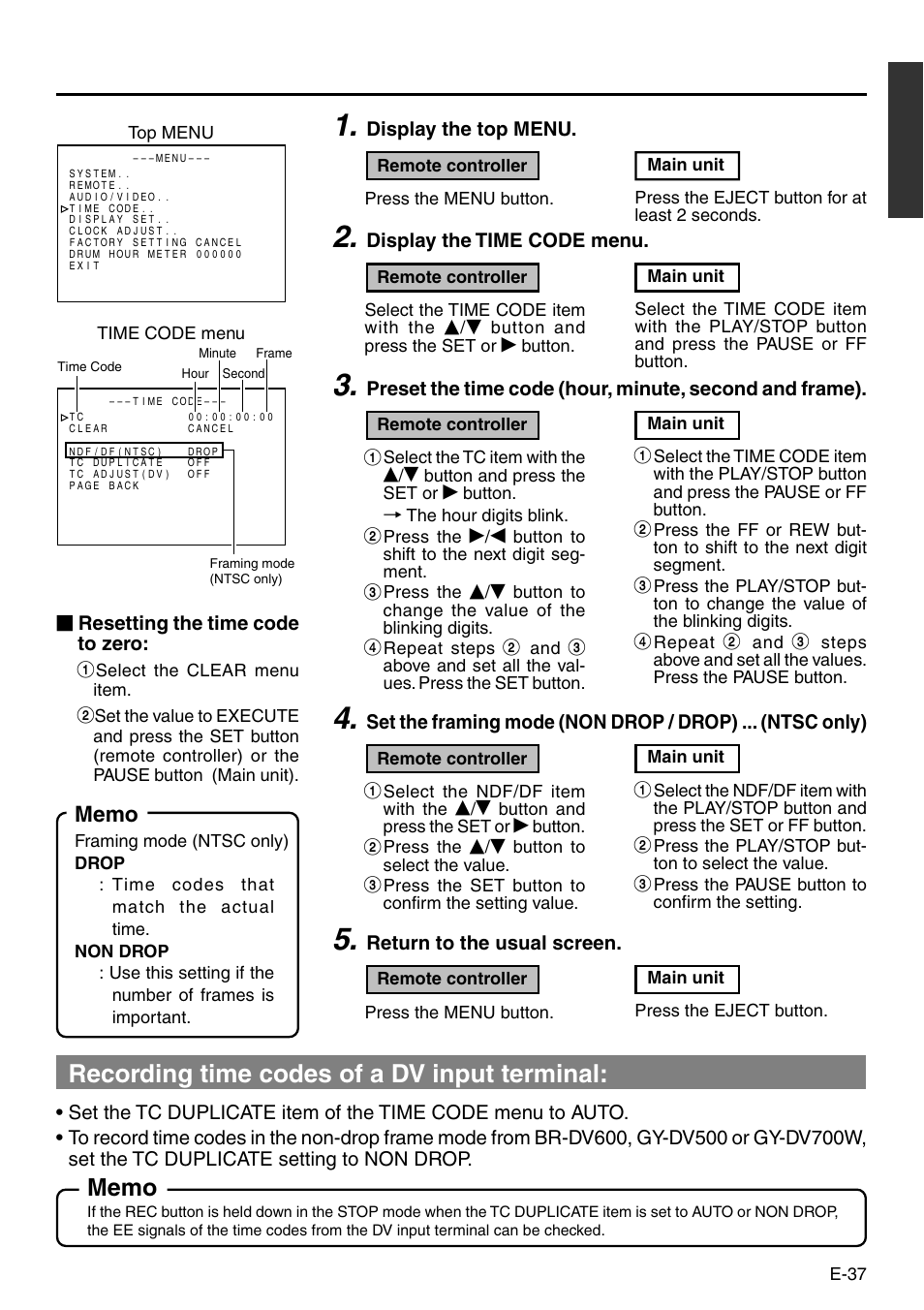 Recording time codes of a dv input terminal | JVC BR-DV3000 User Manual | Page 37 / 72
