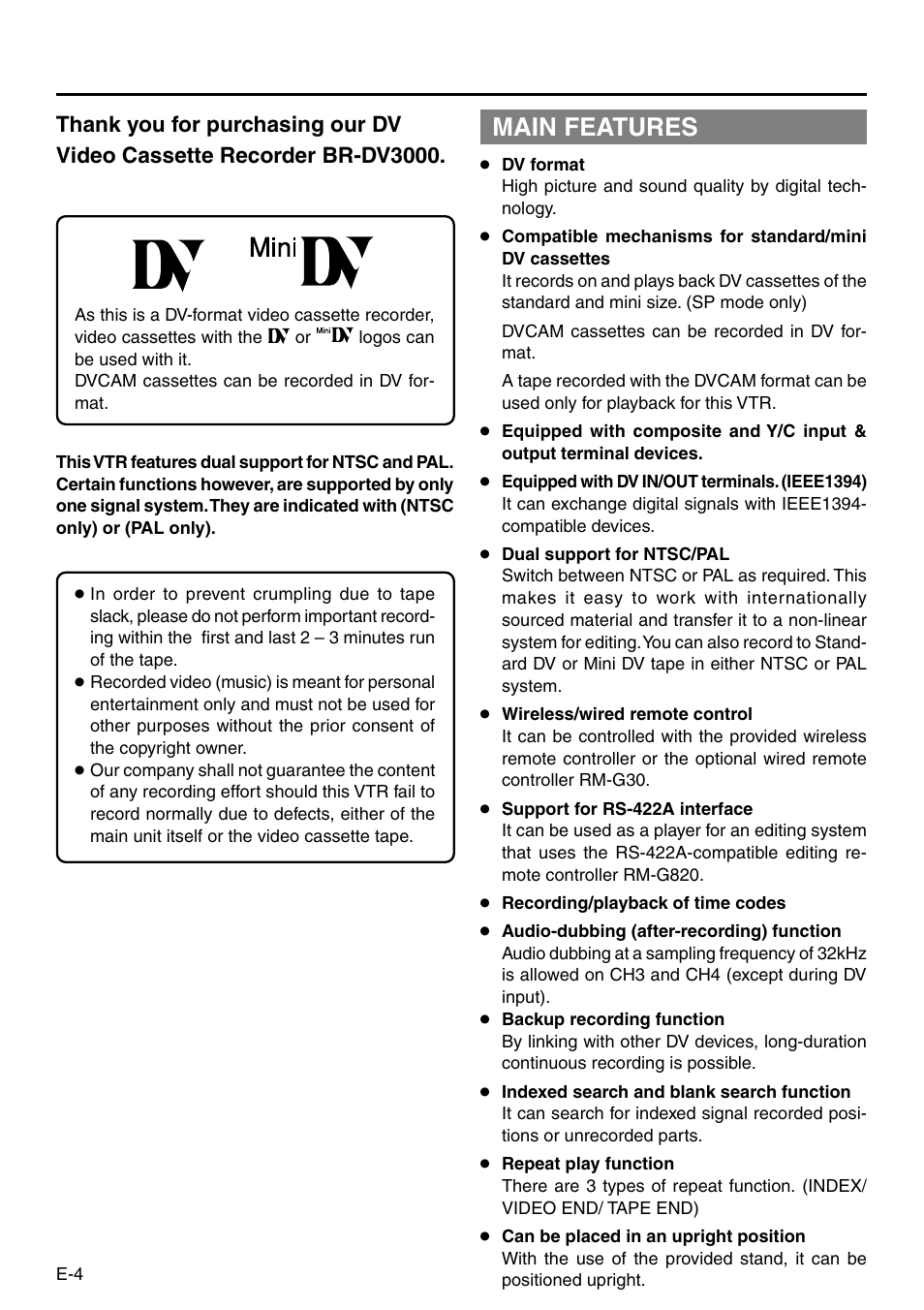 Main features | JVC BR-DV3000 User Manual | Page 4 / 72