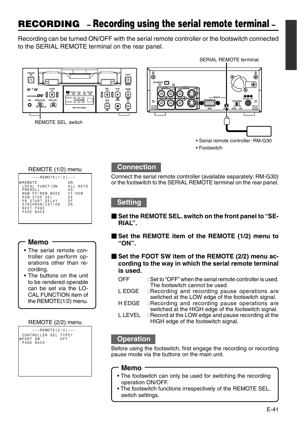 Recording using the serial remote terminal, Recording, Connection | Setting, Operation, E-41, Remote (1/2) menu remote (2/2) menu | JVC BR-DV3000 User Manual | Page 41 / 72