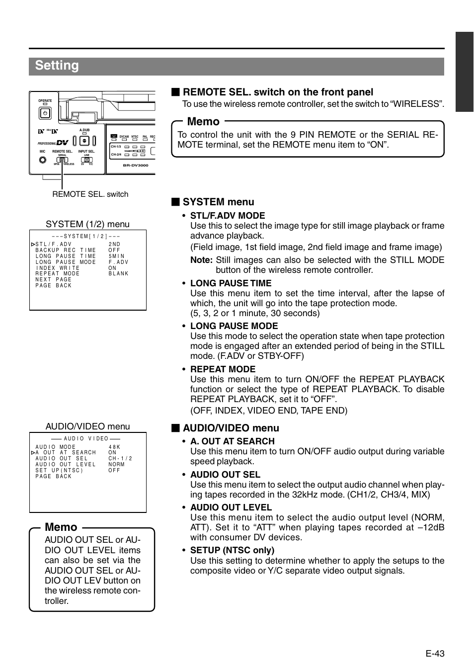 Setting, Remote sel. switch on the front panel, System menu | Audio/video menu, E-43, System (1/2) menu audio/video menu | JVC BR-DV3000 User Manual | Page 43 / 72